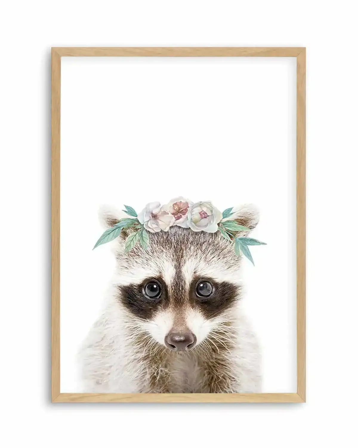 Little Raccoon | Flower Crown Art Print from Olive et Oriel where you can shop wallpaper and artworks online