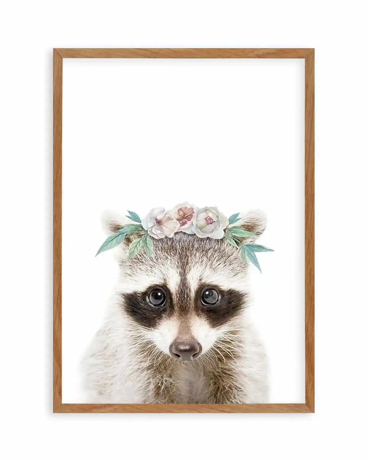 Little Raccoon | Flower Crown Art Print from Olive et Oriel where you can shop wallpaper and artworks online
