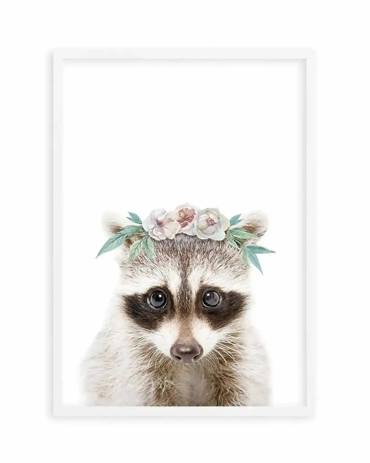 Little Raccoon | Flower Crown Art Print from Olive et Oriel where you can shop wallpaper and artworks online
