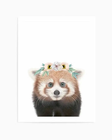 Watercolour art print featuring a cute baby red panda wearing a flower crown, on a plain white background. The red panda has soft reddish-brown fur, white facial markings, and large dark eyes, with a small black nose and long white whiskers. The flower crown consists of delicate white, pale yellow, and light pink flowers with soft green leaves.