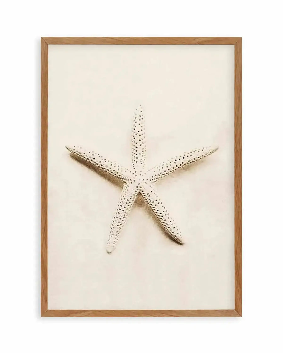 Framed photograph of a white starfish with a textured surface, lying on light beige sand, printed on fine art paper and displayed in a natural oak frame with white border.