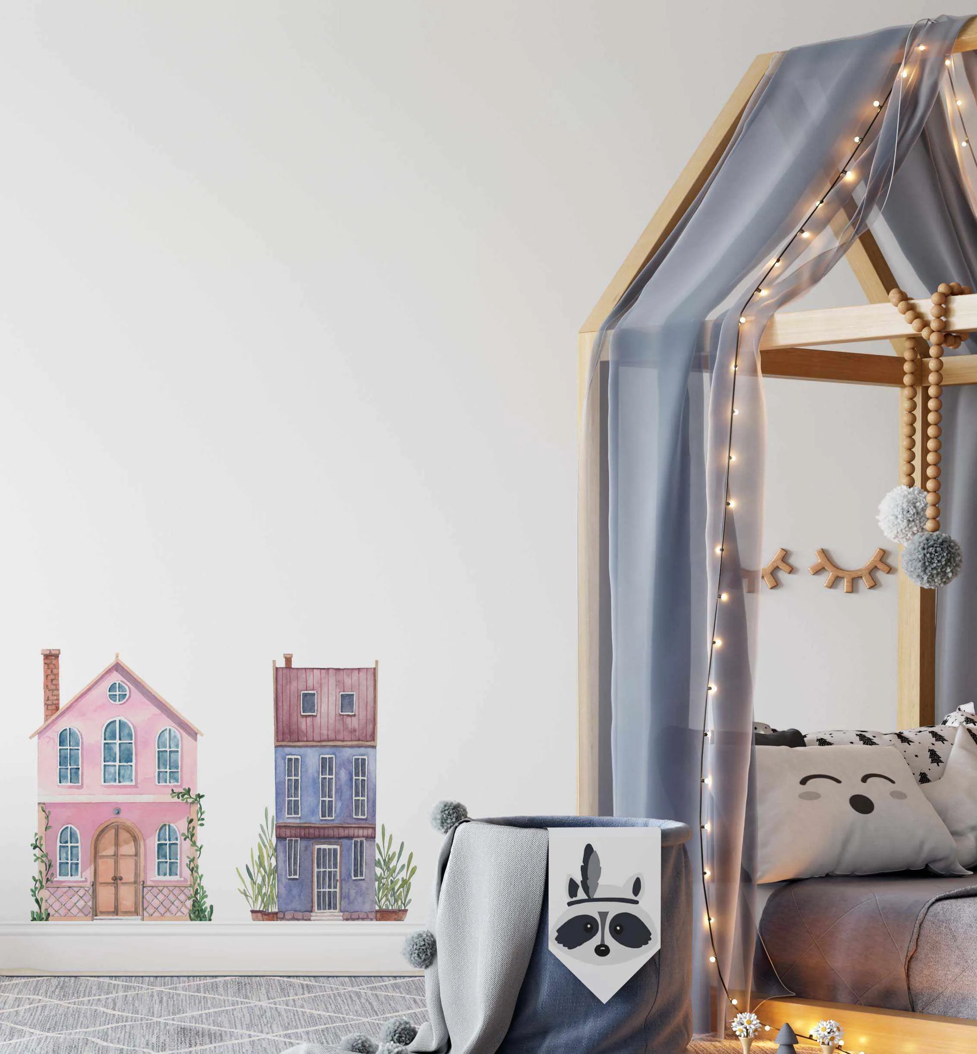 Little Townhouses I Decal Set-Decals-Olive et Oriel-Decorate your kids bedroom wall decor with removable wall decals, these fabric kids decals are a great way to add colour and update your children's bedroom. Available as girls wall decals or boys wall decals, there are also nursery decals.