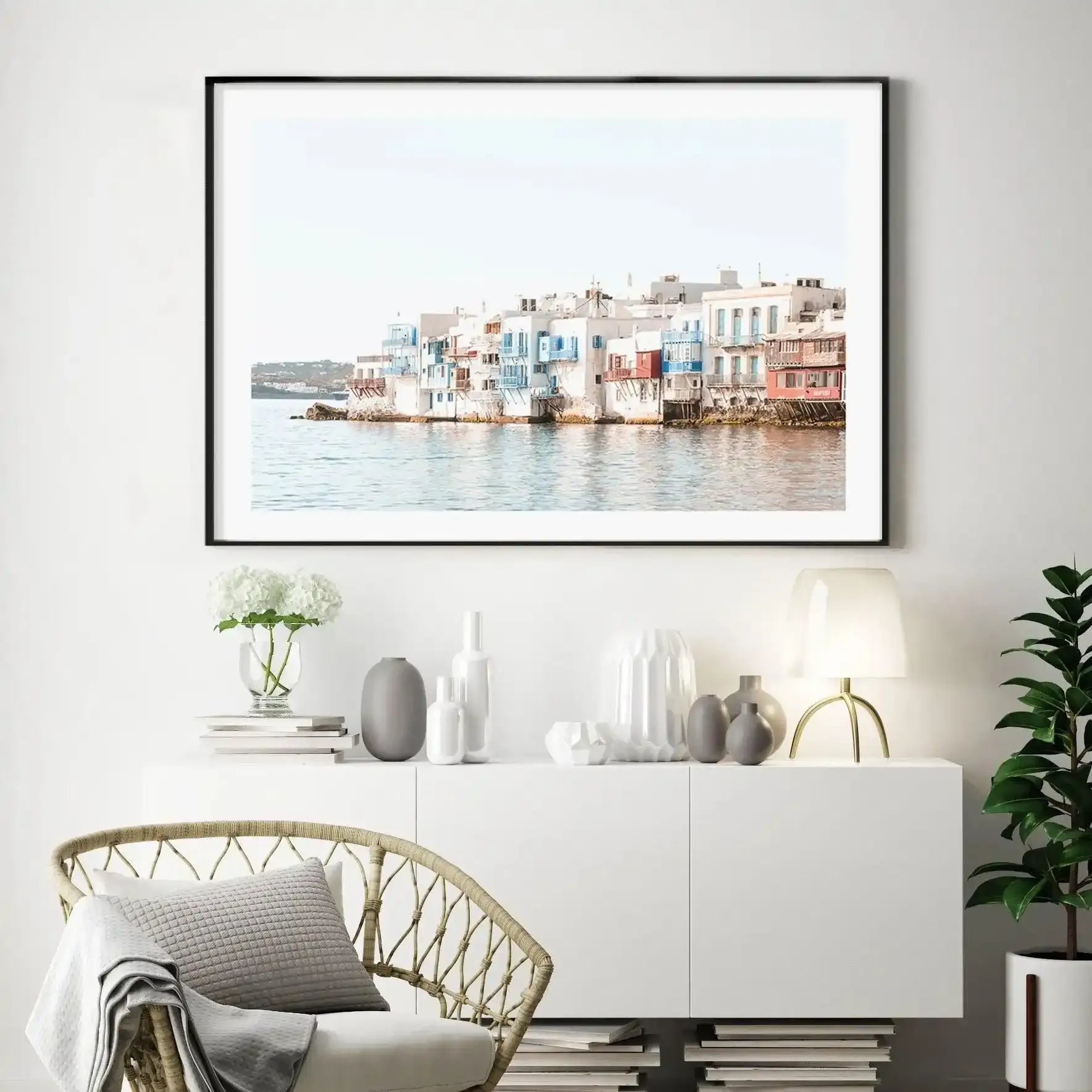 Little Venice | Mykonos Art Print-Shop Greece Wall Art Prints Online with Olive et Oriel - Our collection of Greek Islands art prints offer unique wall art including blue domes of Santorini in Oia, mediterranean sea prints and incredible posters from Milos and other Greece landscape photography - this collection will add mediterranean blue to your home, perfect for updating the walls in coastal, beach house style. There is Greece art on canvas and extra large wall art with fast, free shipping ac