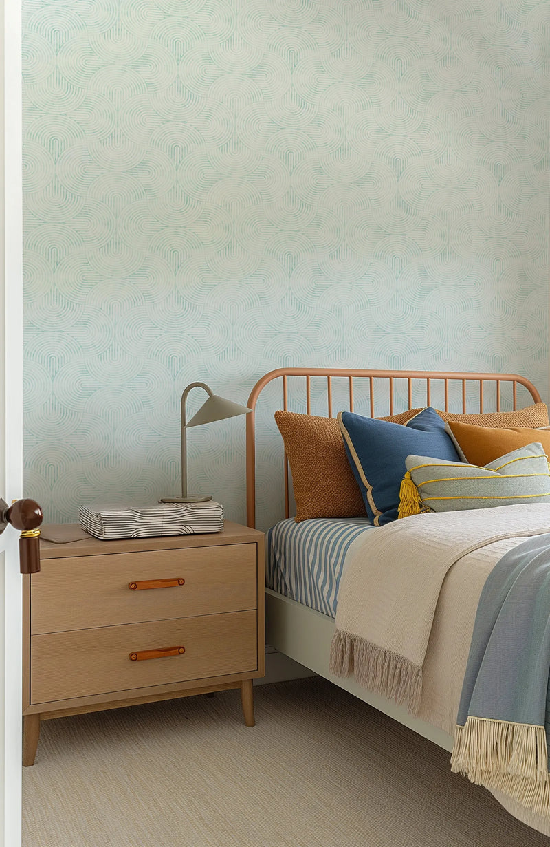 Little Arches in Aqua Wallpaper from Olive et Oriel where you can shop wallpaper and artworks online