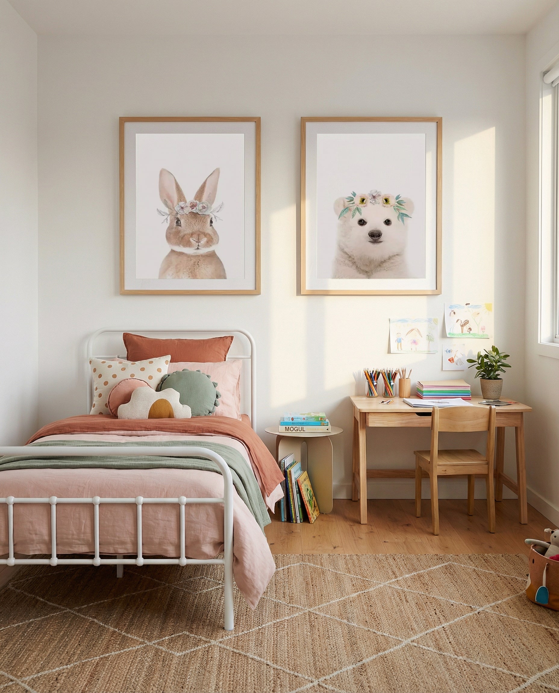Little Bunny & Polar Bear | Flower Crown Art Print Set of 2 | Matching Wall Art