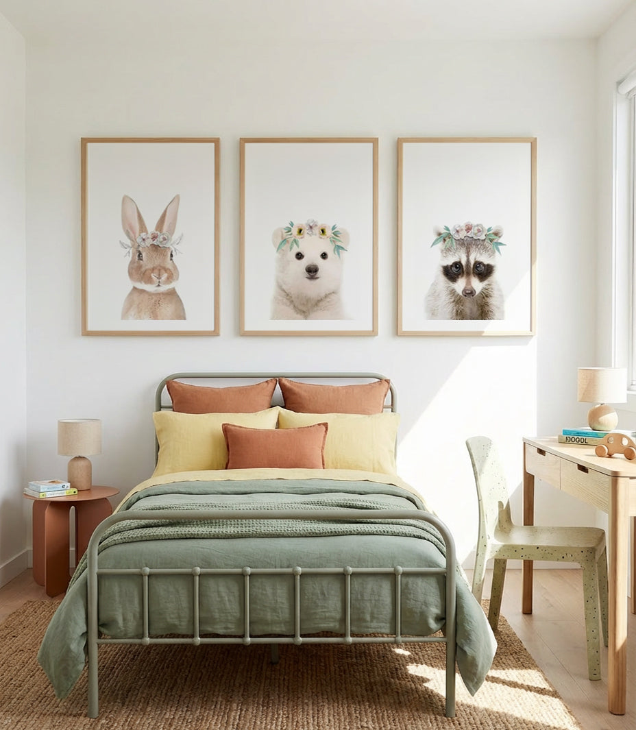 Little Bunny, Polar Bear & Raccoon | Flower Crown | 3 Piece Wall Art Set