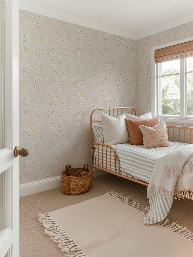 Little Daisy Chain kids wallpaper delicate white daisy chain sprigs on warm beige