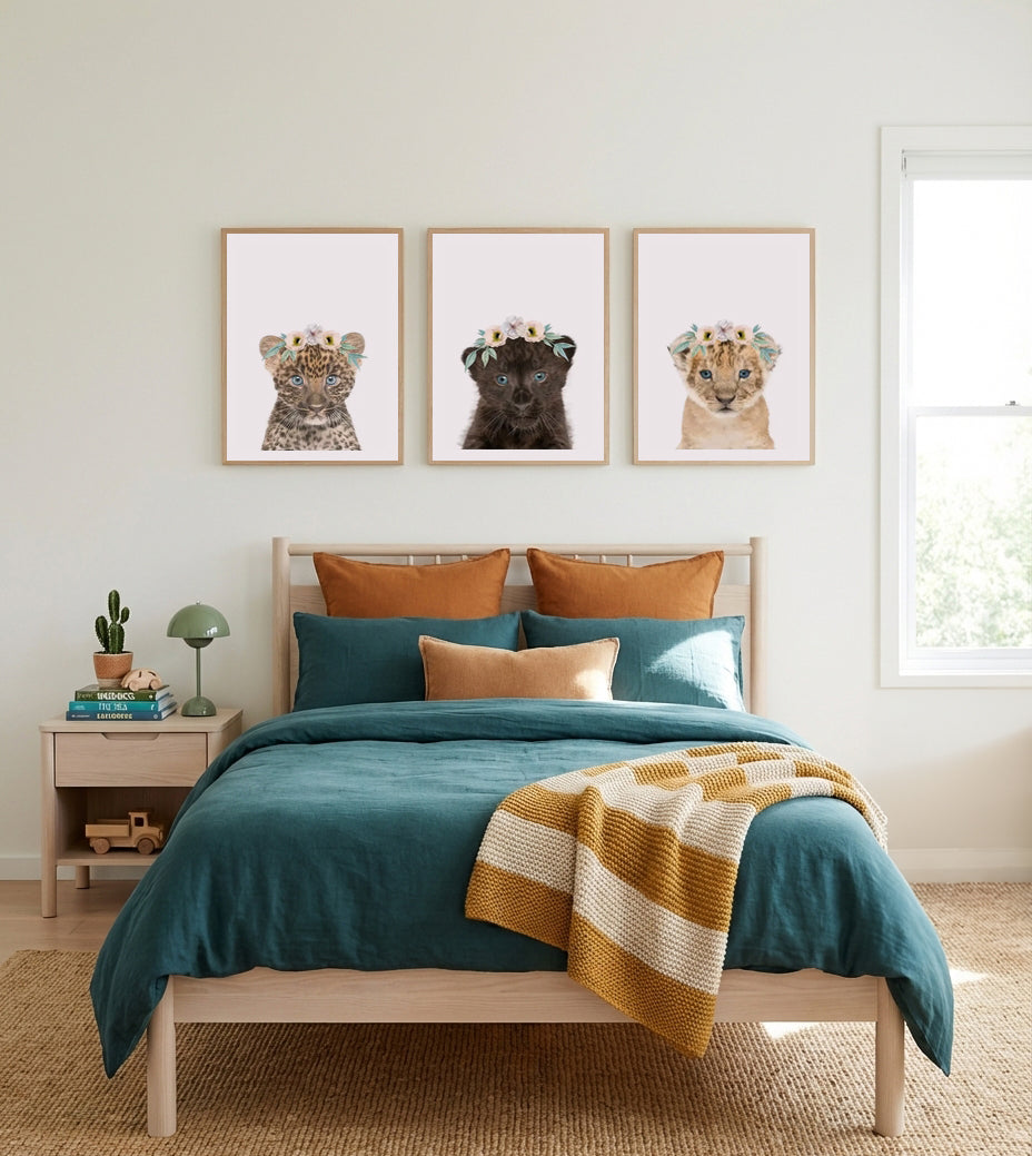 Little Leopard Cub, Black Leopard Cub & Lion Cub | Flower Crown | 3 Piece Wall Art Set