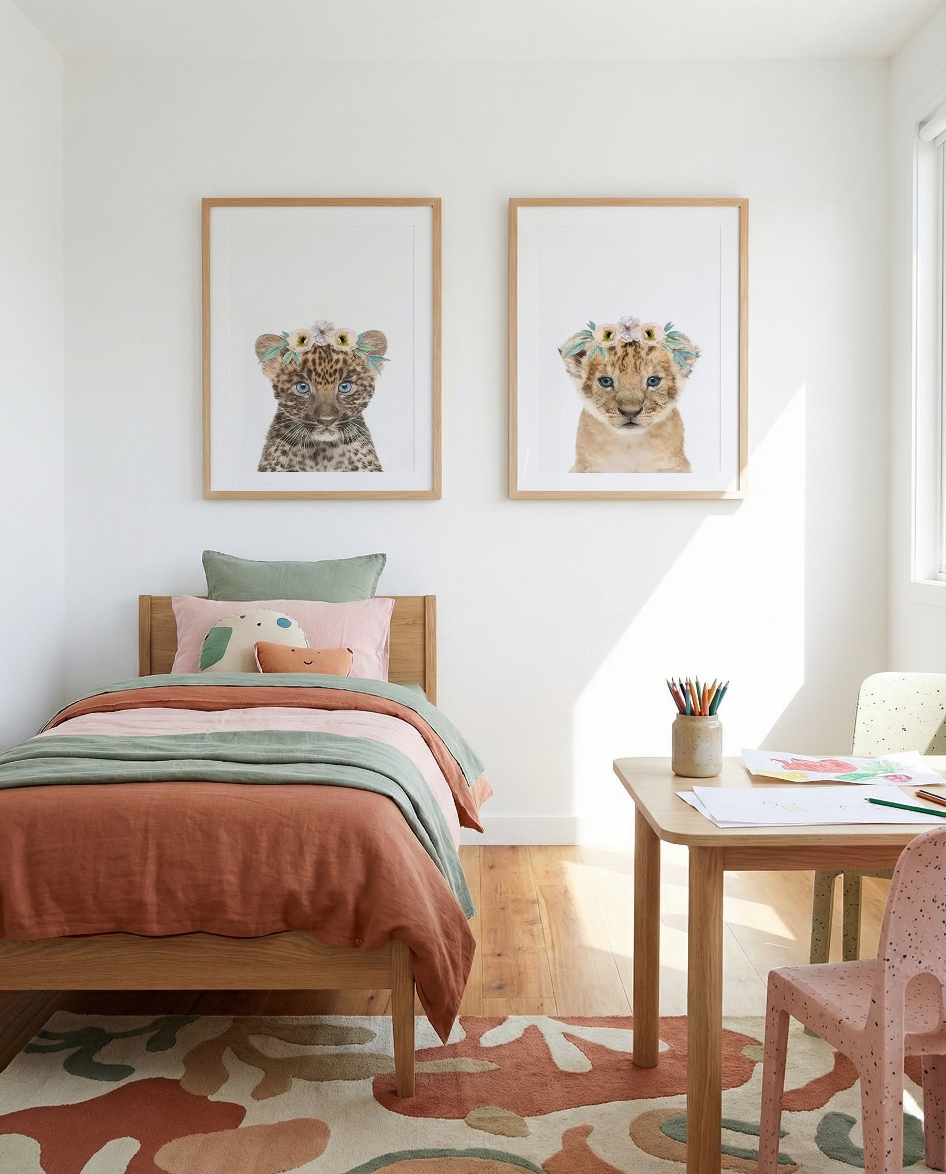 Little Leopard Cub & Lion Cub | Flower Crown Art Print Set of 2 | Matching Wall Art