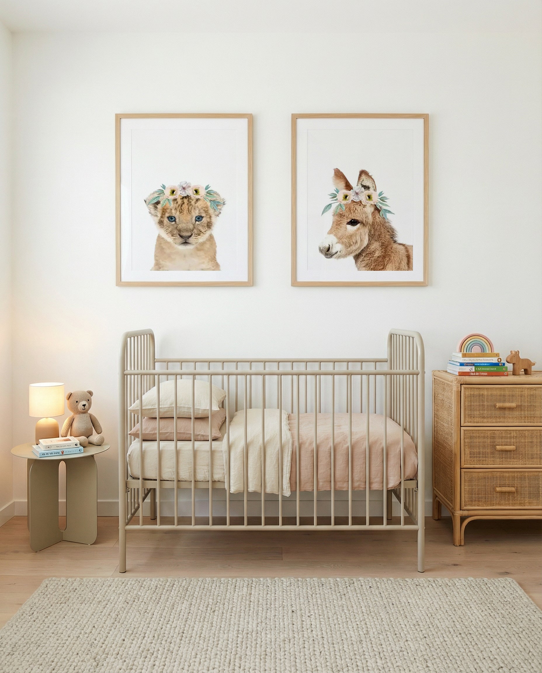 Little Lion Cub & Pony | Flower Crown Art Print Set of 2 | Matching Wall Art