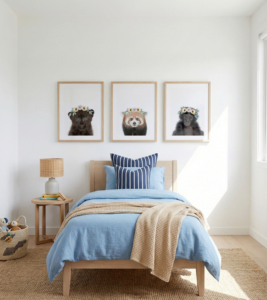 Little Monkey, Black Leopard Cub & Red Panda | Flower Crown | 3 Piece Wall Art Set