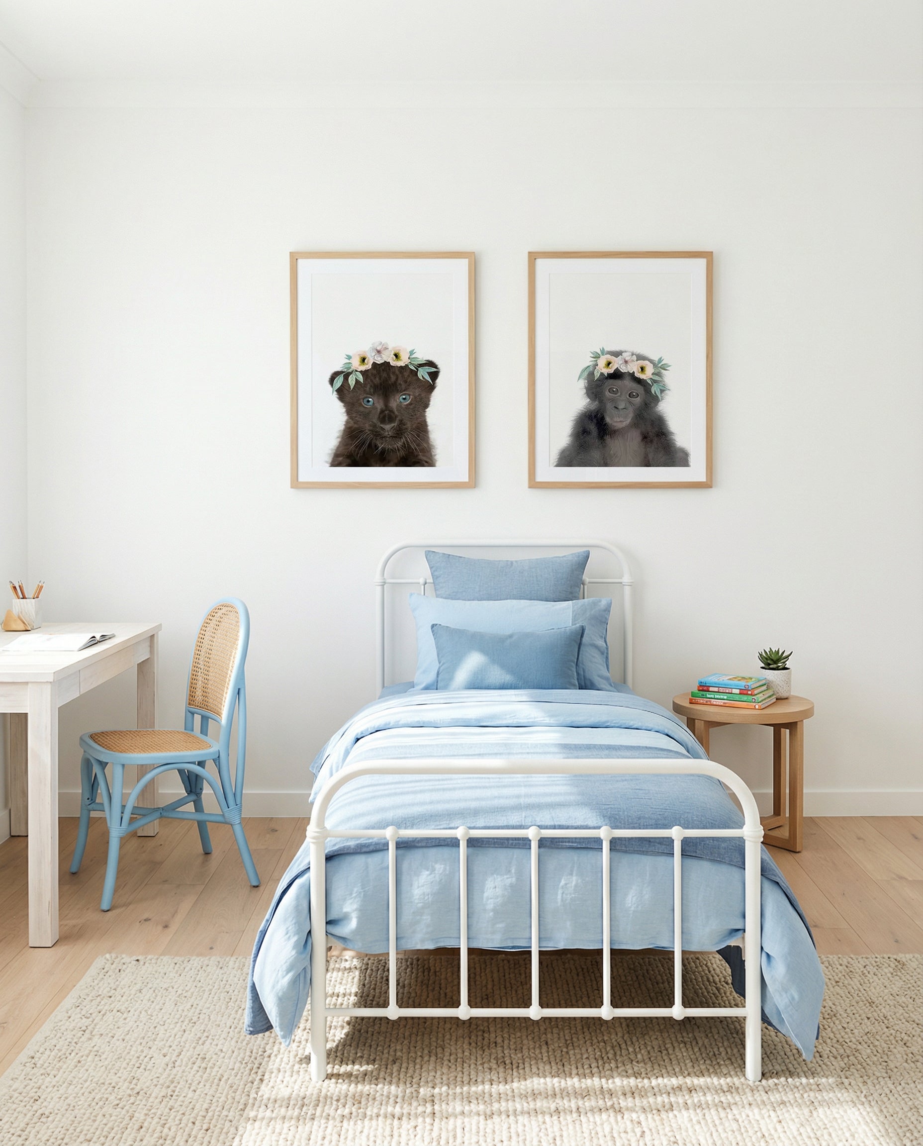Little Monkey & Little Black Leopard Cub | Flower Crown Art Print Set of 2 | Matching Wall Art