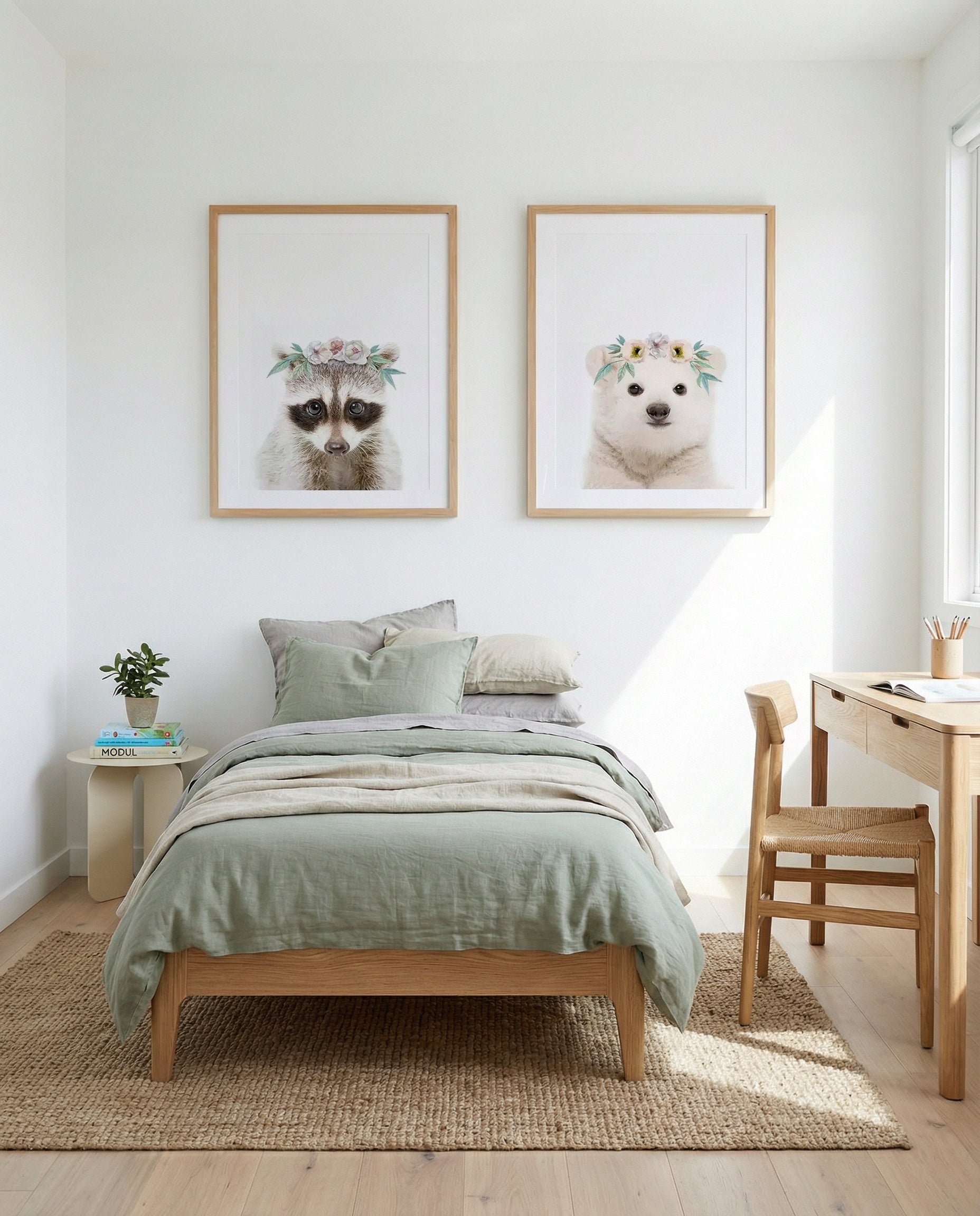 Little Raccoon & Polar Bear | Flower Crown Art Print Set of 2 | Matching Wall Art