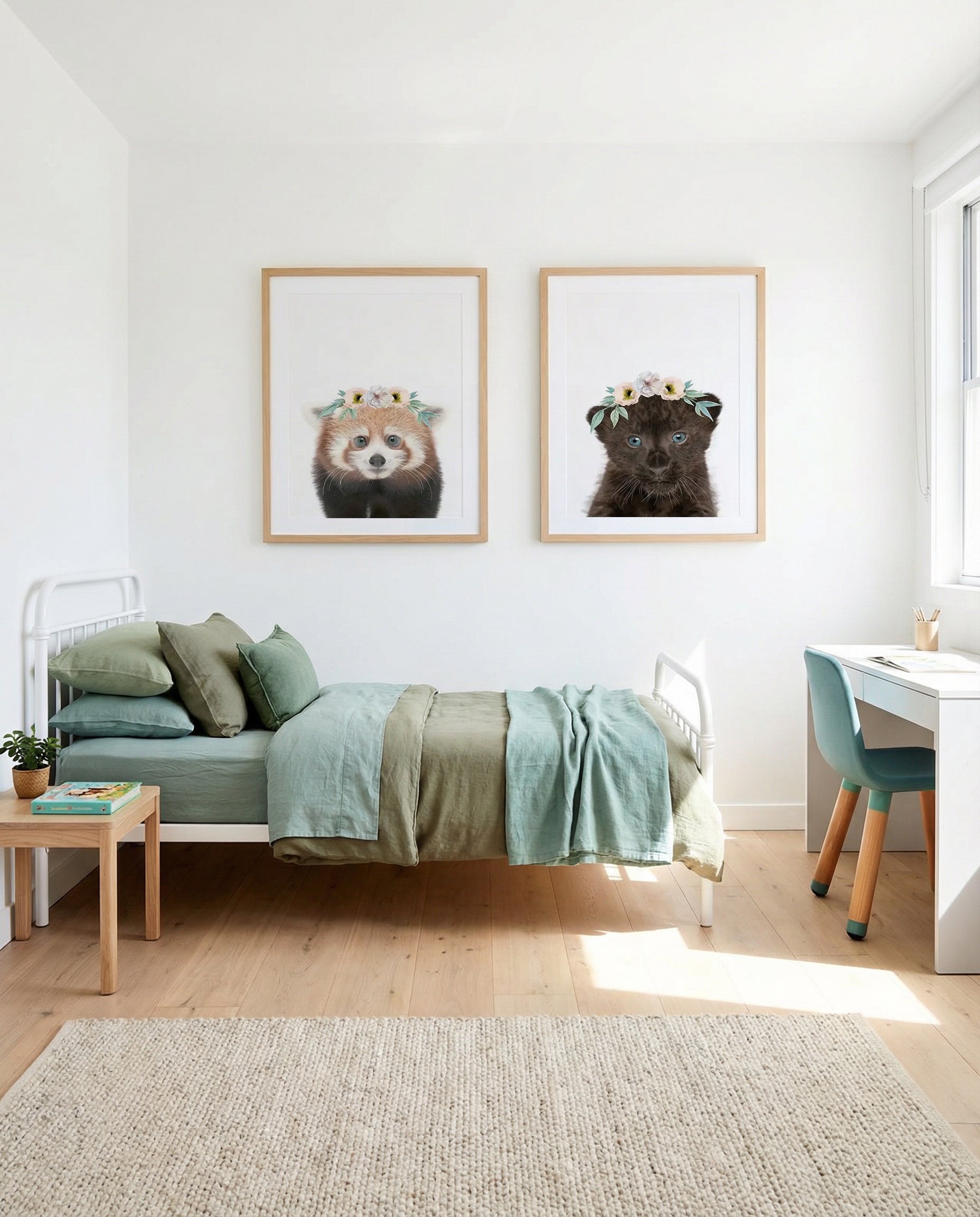 Little Red Panda & Black Leopard Cub | Flower Crown Art Print Set of 2 | Matching Wall Art