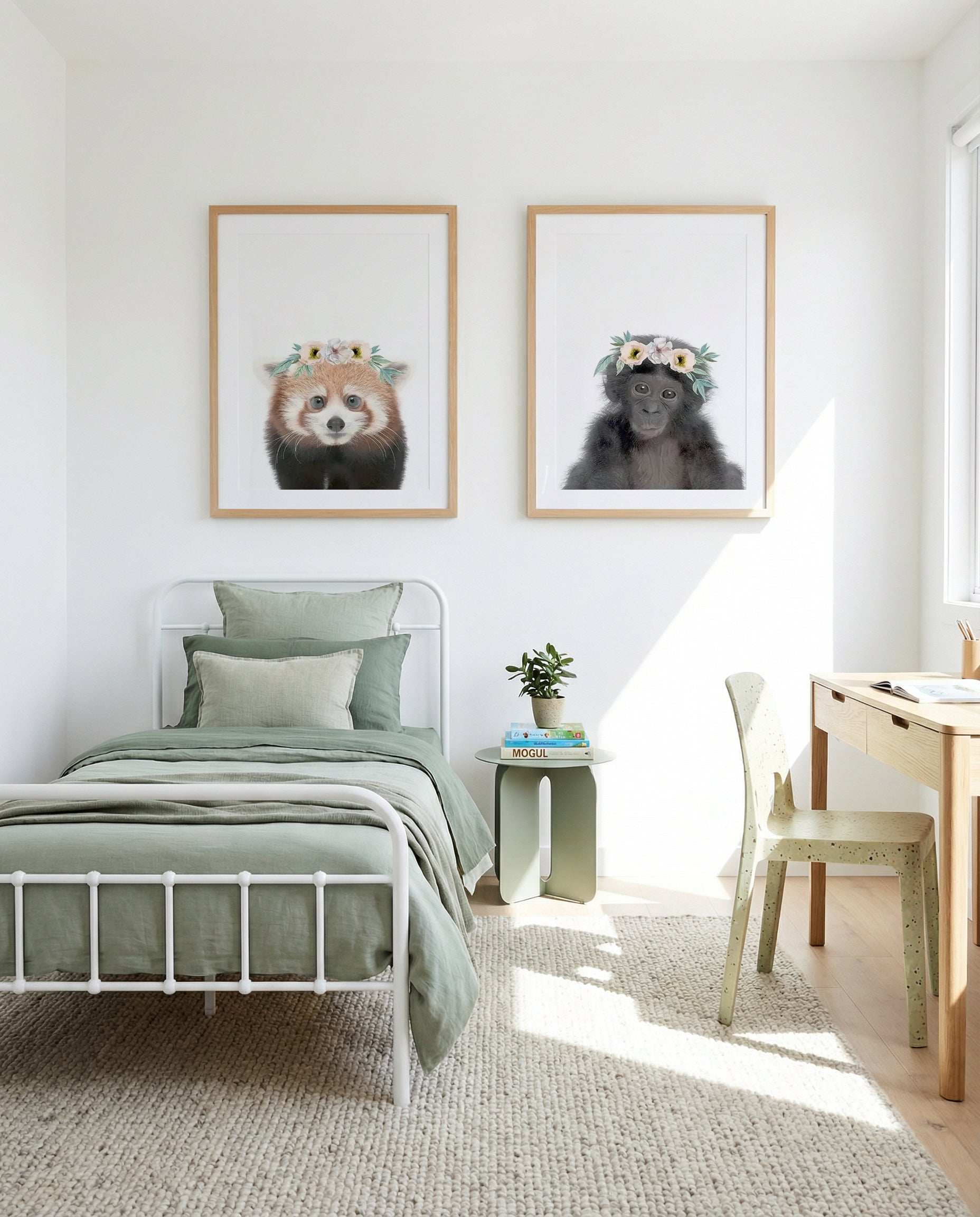 Little Red Panda & Monkey | Flower Crown Art Print Set of 2 | Matching Wall Art