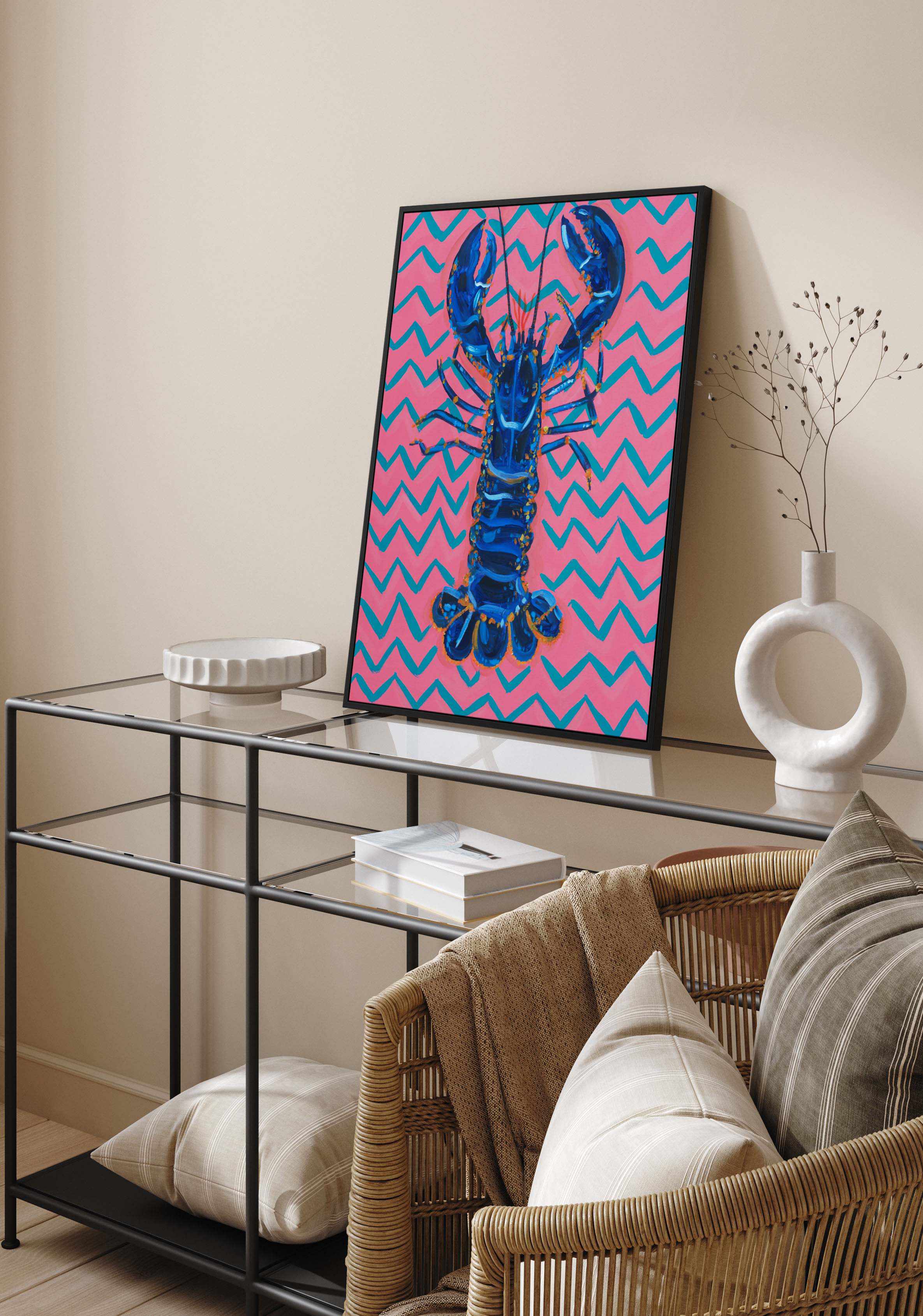 Lobster On Zigzag by Alice Straker | Framed Canvas Art Print