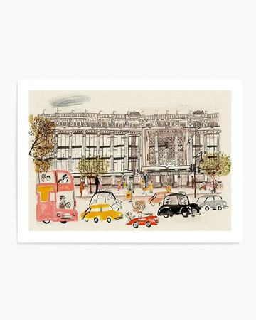 Watercolour illustration art print depicting a busy London street scene with a grand building in the background. The foreground features a red double-decker bus, a yellow car, a red convertible with a woman holding gifts, a black taxi, and a grey car, all in a whimsical, hand-drawn style. People are walking on the pavement, and trees with autumn leaves line the street. The building has multiple windows and decorative elements, with a light blue sky above.