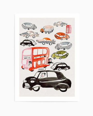Watercolour art print featuring a whimsical illustration of London traffic with various vehicles and a red double-decker bus as the central element. The composition includes grey, orange, and black cars, a red telephone booth, and a black taxi with a driver visible. The artwork has a playful, hand-drawn quality with visible brushstrokes on a white background.