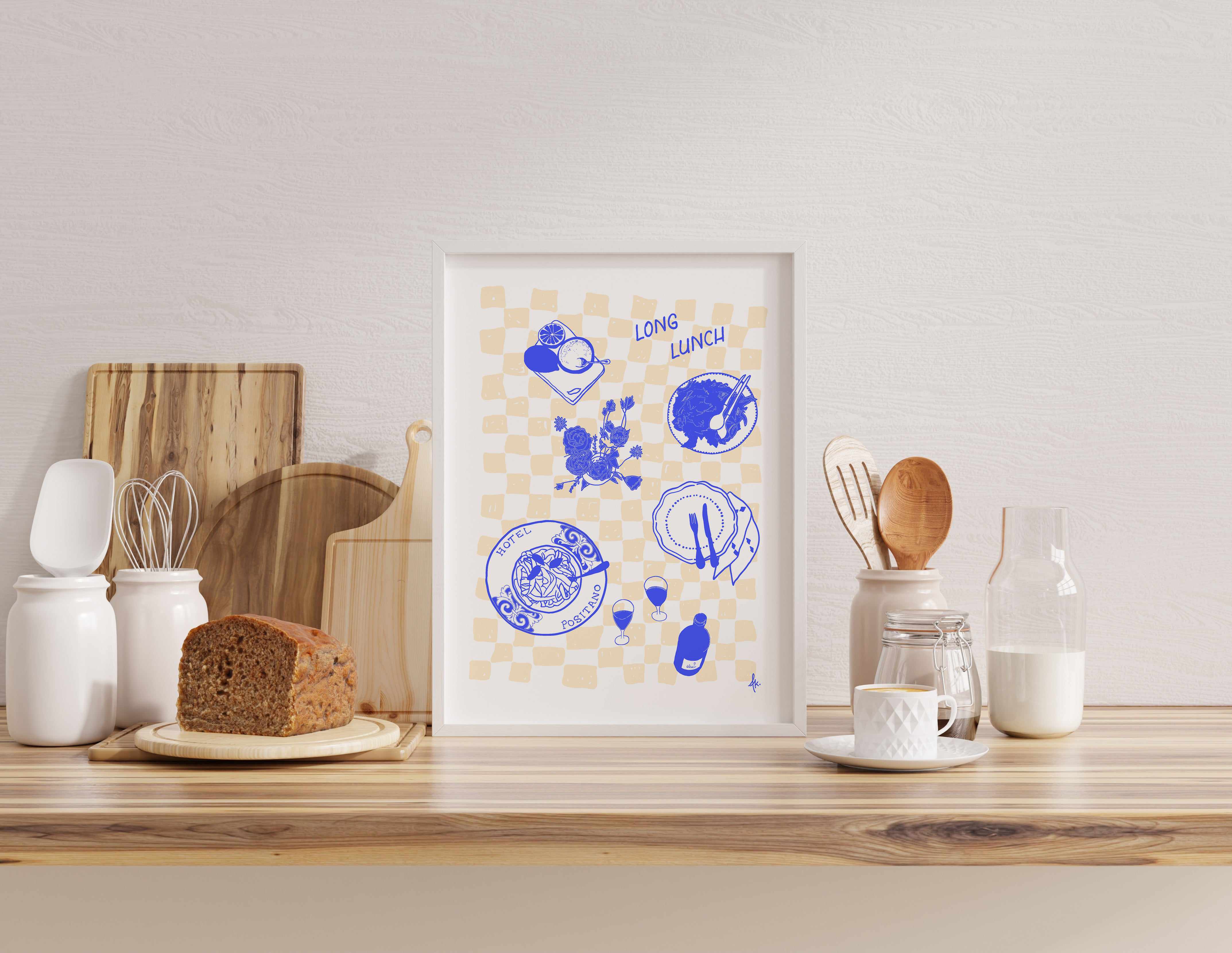 Long Lunch Deep Blue Beige by Anne Korako | Art Print from Olive et Oriel where you can shop wallpaper and artworks online