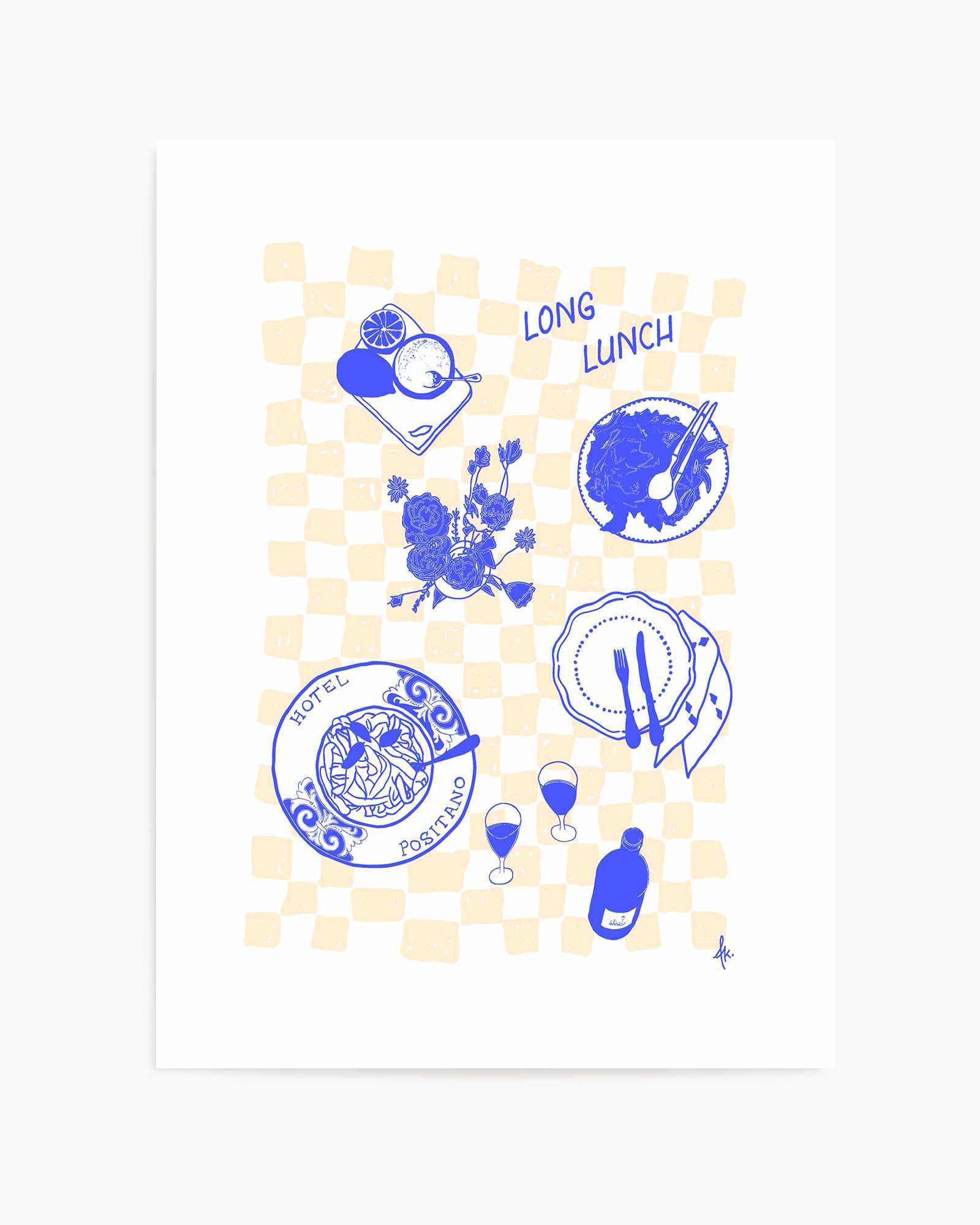 Long Lunch Deep Blue Beige by Anne Korako | Art Print from Olive et Oriel where you can shop wallpaper and artworks online