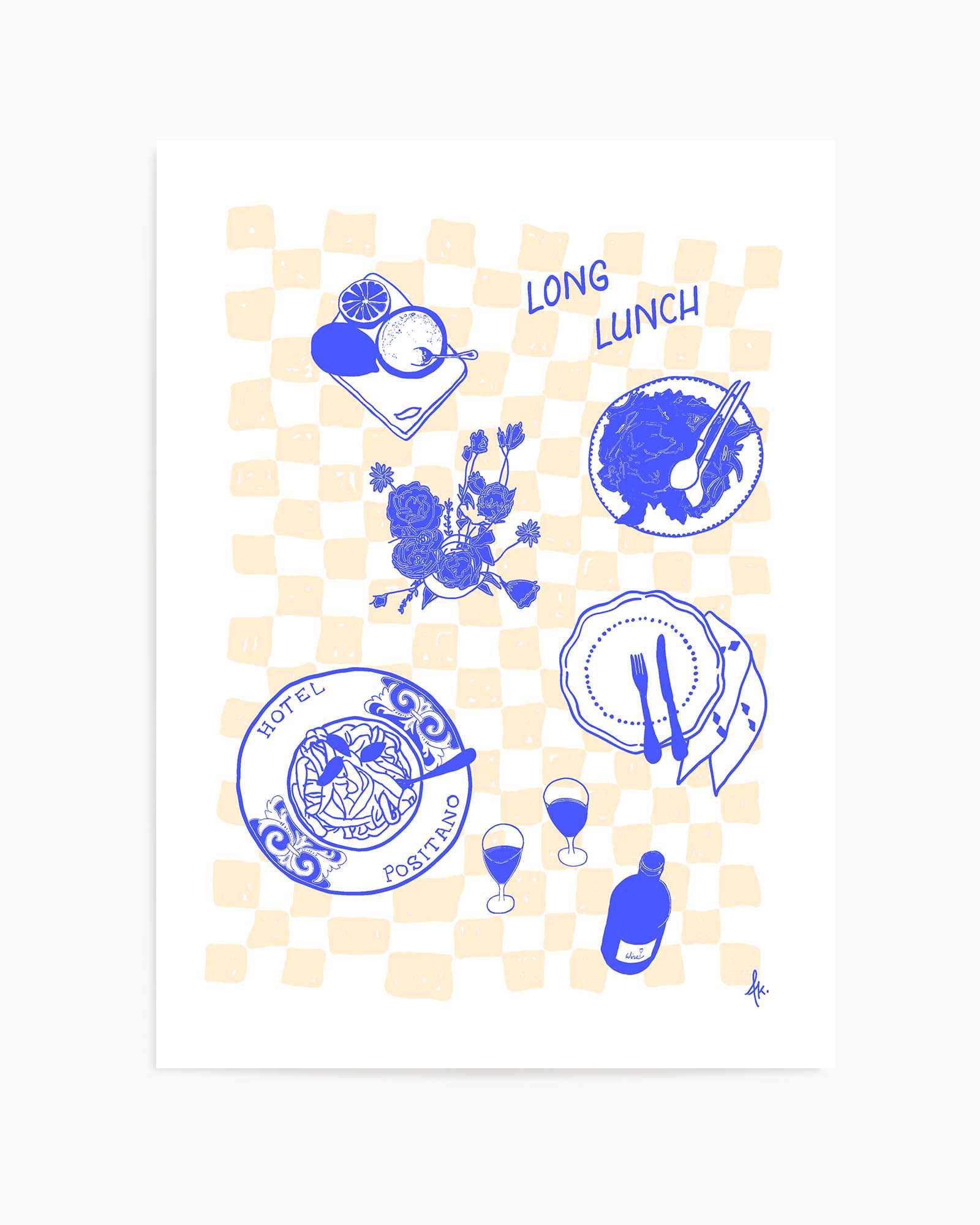 Long Lunch Deep Blue Beige by Anne Korako | Art Print from Olive et Oriel where you can shop wallpaper and artworks online
