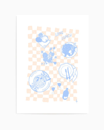 Long Lunch Soft Blue Pink by Anne Korako | Art Print from Olive et Oriel where you can shop wallpaper and artworks online