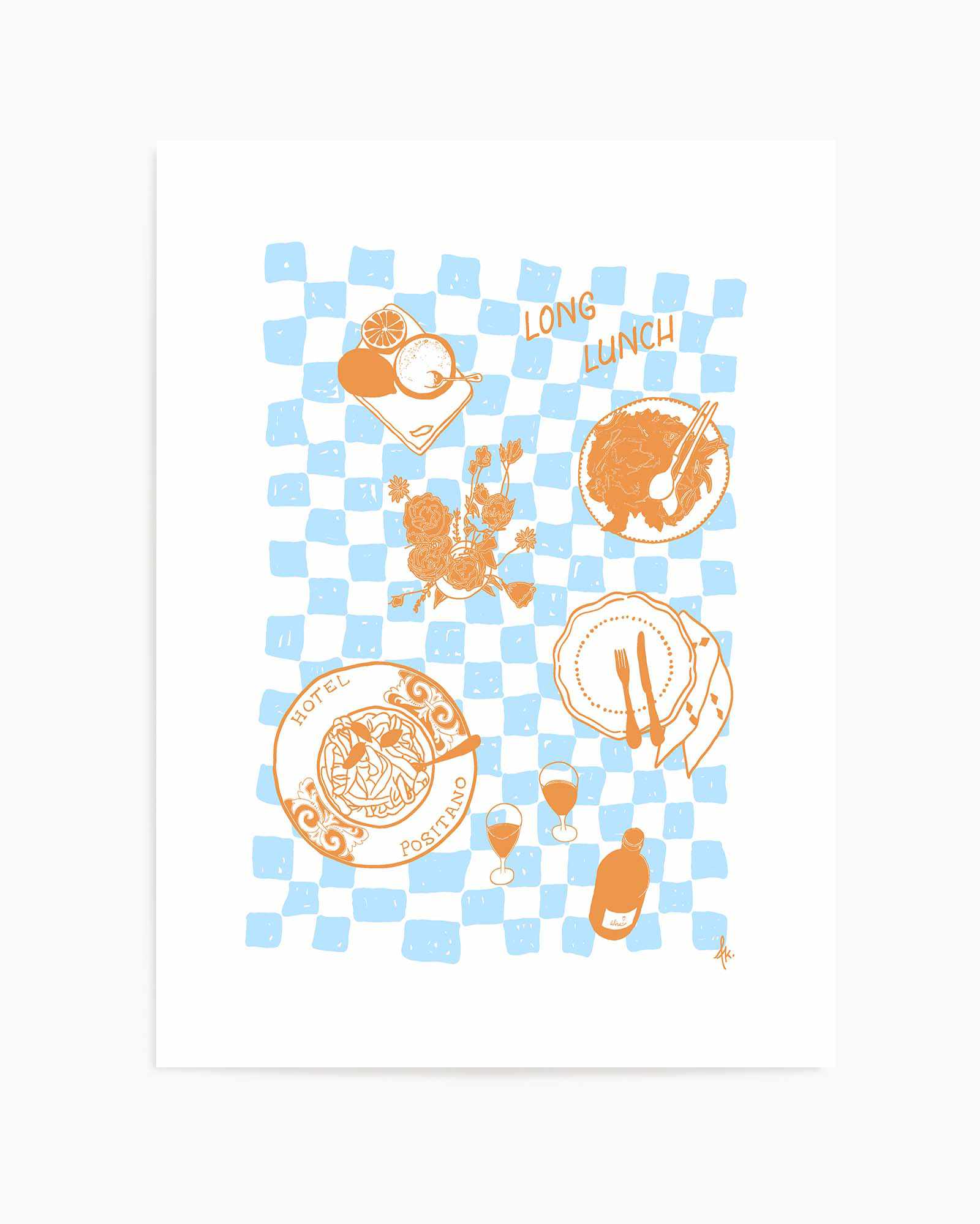 Long Lunch Tan Baby Blue by Anne Korako | Art Print