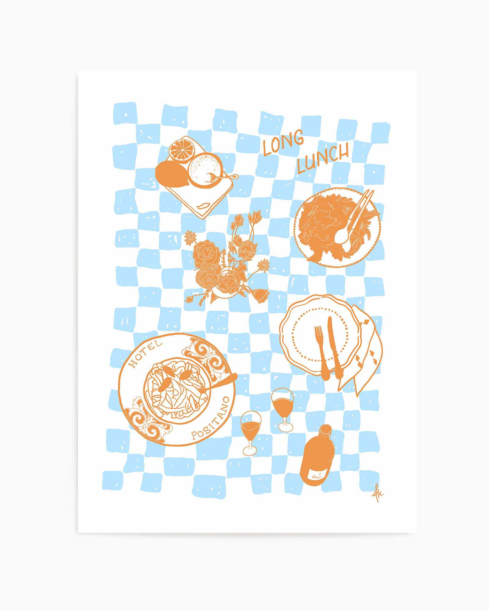 Long Lunch Tan Baby Blue by Anne Korako | Art Print