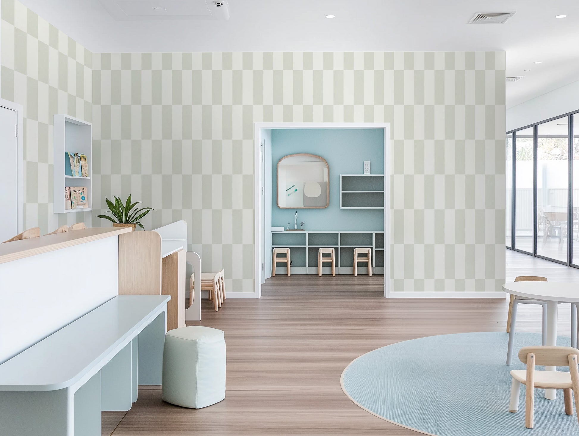 Long Check in Sage Green Commercial Vinyl Wallpaper from Olive et Oriel where you can shop wallpaper and artworks online