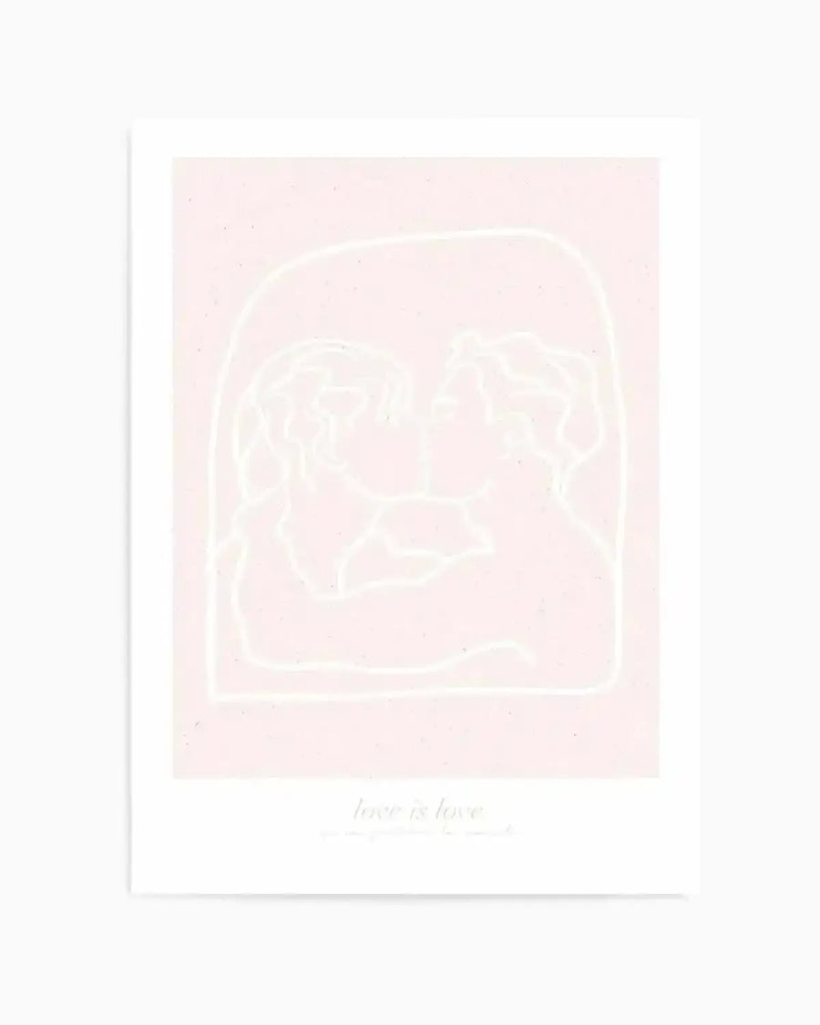 Art print featuring a minimalist line drawing of two figures kissing, outlined in white against a soft blush pink background. The figures are enclosed within a rounded arch shape, with the text "love is love" in a delicate script below the illustration.