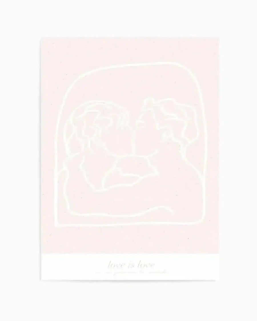 Art Print:
Line art illustration on a pale pink background featuring two figures in profile, facing each other in a kiss or embrace, outlined in white. The text "love is love" is subtly printed in white at the bottom of the print.