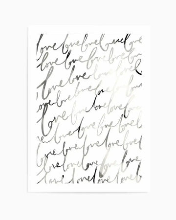 Art print featuring the word "love" written repeatedly in a flowing, handwritten script, with varying shades of black and grey creating a layered, textured effect on a white background.
