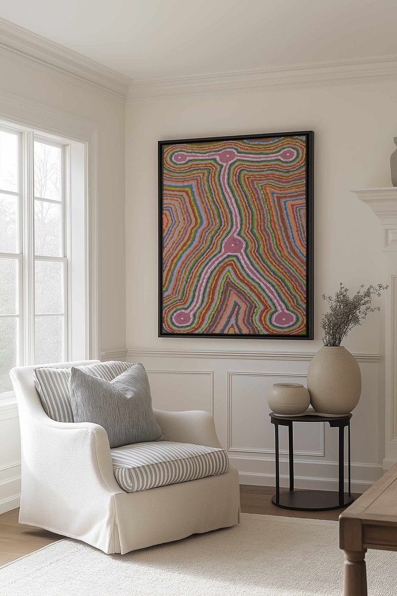 Lukarrara Jukurrpa II (Desert Fringe-rush Seed Dreaming) by Valentine Nakamarra White | Framed Canvas Art Print from Olive et Oriel where you can shop wallpaper and artworks online