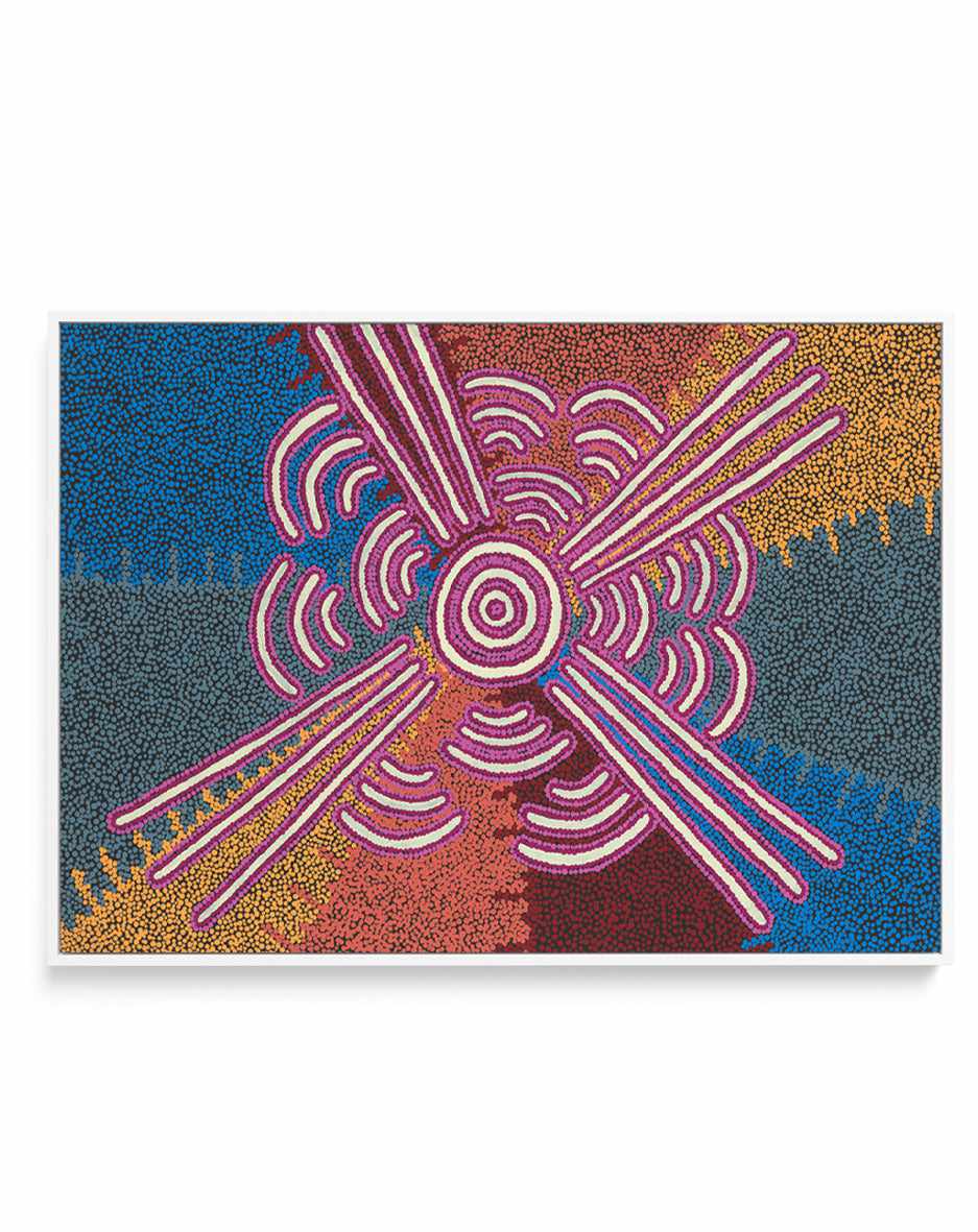 Lukarrara Jukurrpa (Desert Fringe-rush Seed Dreaming) by Valentine Nakamarra White | Framed Canvas Art Print