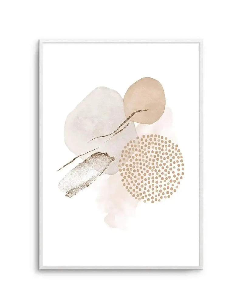 Abstract art print featuring organic shapes and brushstrokes in soft, muted tones of beige, cream, and blush pink, with accents of gold glitter. The composition includes a large, solid beige circle, a lighter cream-colored amorphous shape, and a blush pink watercolor wash, all overlaid with textured gold glitter lines and a cluster of small gold dots. The print is displayed in a thin white frame with a white border.