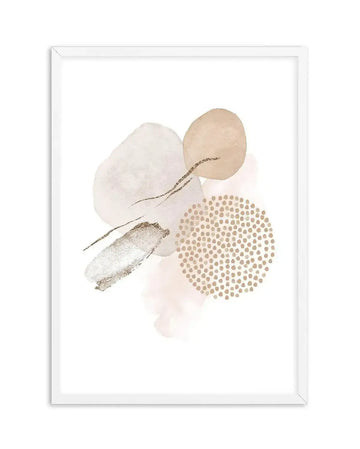 Abstract art print featuring organic shapes and brushstrokes in muted tones of beige, blush pink, and light grey on a white background, with metallic gold accents and a pattern of small gold dots, displayed in a white frame with white border.