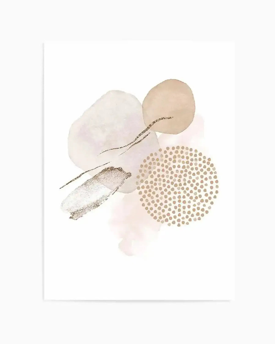 Abstract art print featuring soft, organic shapes in muted blush pink and pale cream, with delicate gold glitter accents and a cluster of small gold dots, creating a gentle, modern composition.