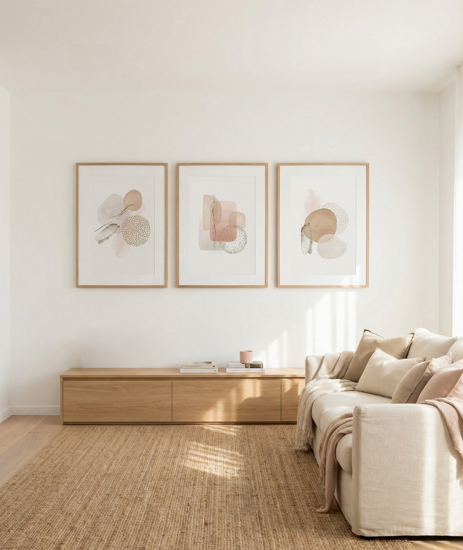 Lumiere Naturelle I, II & III | 3 Piece Wall Art Set in Brown and White abstract art print oak frame with white border