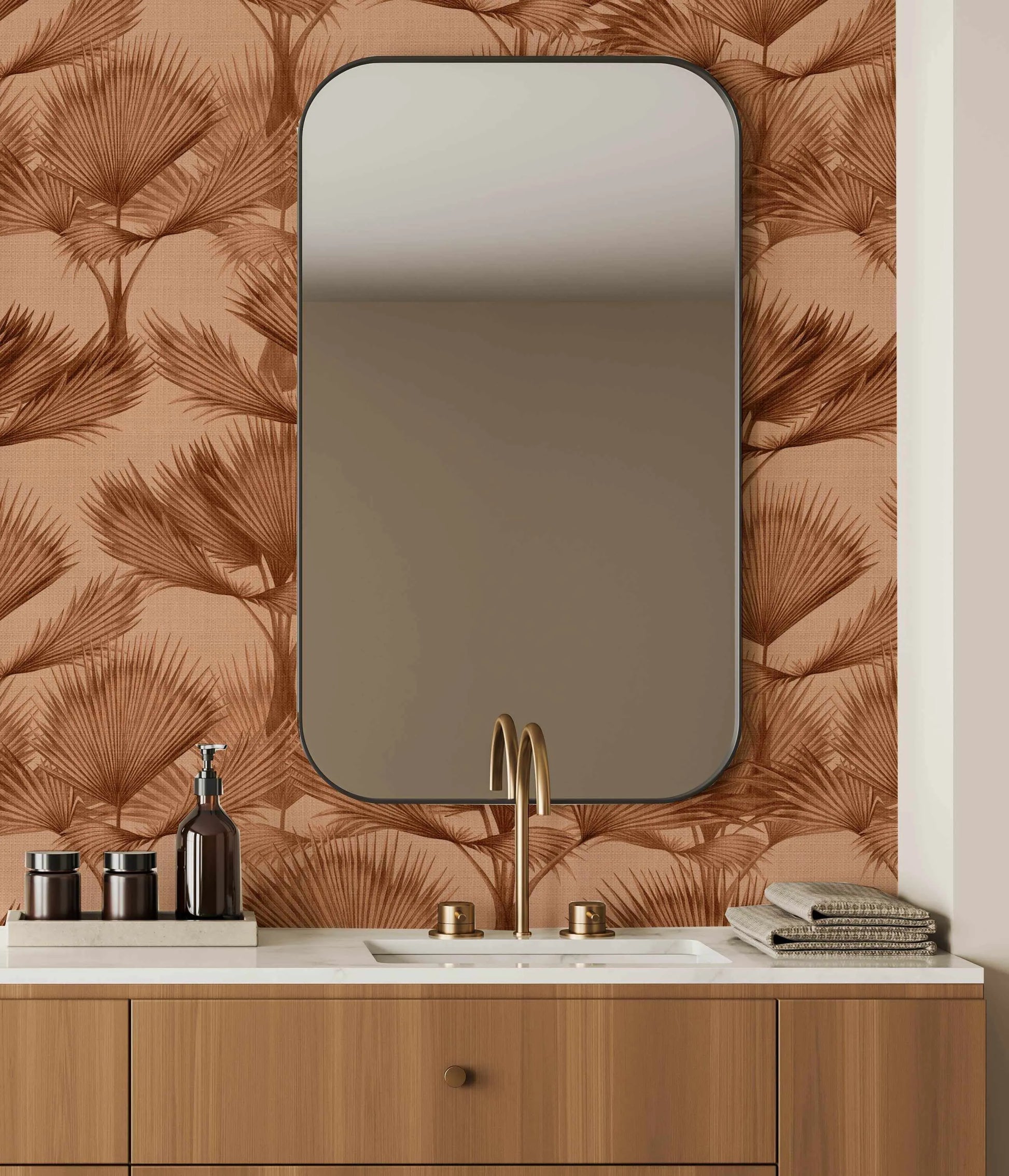 Luxe Fan Palm In Crimson Wallpaper from Olive et Oriel where you can shop wallpaper and artworks online