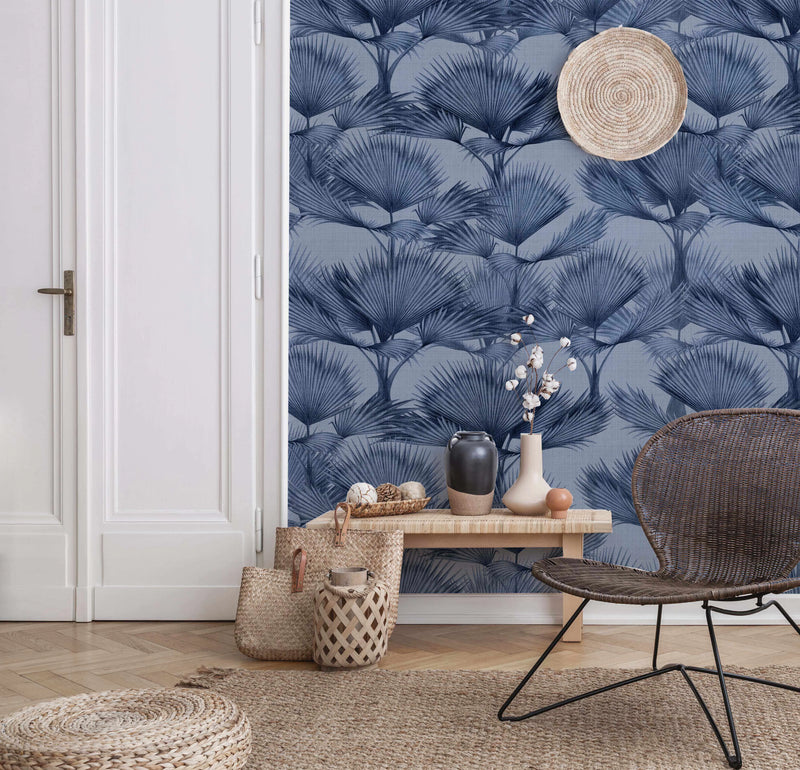 Luxe Fan Palm In Navy Wallpaper from Olive et Oriel where you can shop wallpaper and artworks online