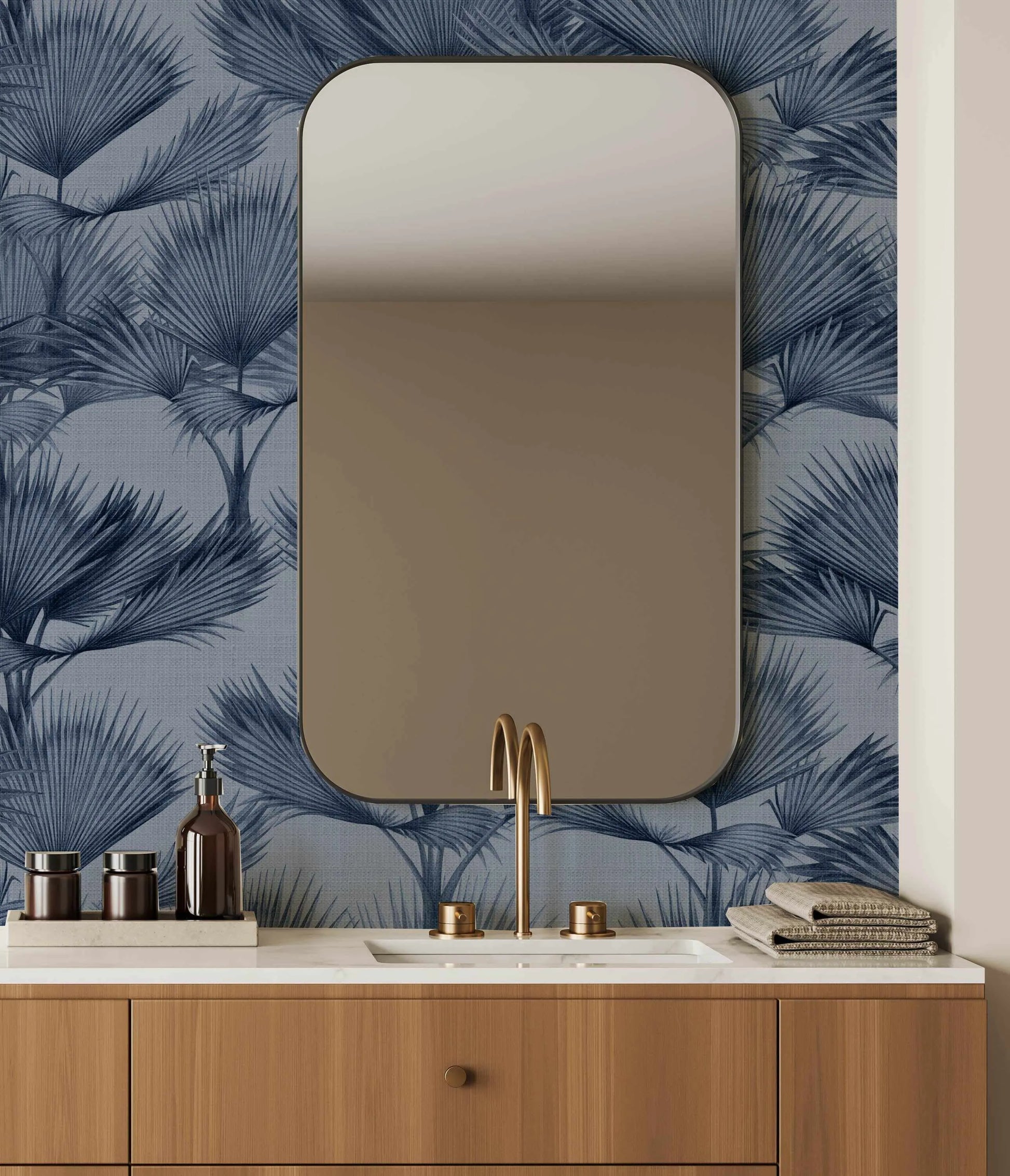 Luxe Fan Palm In Navy Wallpaper from Olive et Oriel where you can shop wallpaper and artworks online