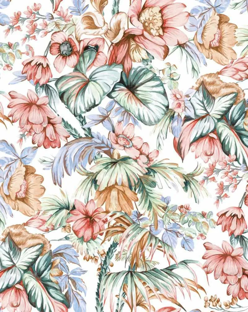 Peel and stick wallpaper featuring a repeating pattern of hand-painted tropical flowers and palm fronds in a soft watercolour style on a white background. The design includes large pink and peach-toned flowers, broad green and teal leaves, and delicate blue and brown foliage, creating a lush, botanical composition.