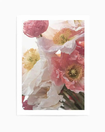 Close-up photography art print featuring a bouquet of poppies in soft shades of blush pink, white, and pale yellow against a bright white background. The composition highlights the delicate, crinkled texture of the petals and the intricate yellow-green centers of the flowers.
