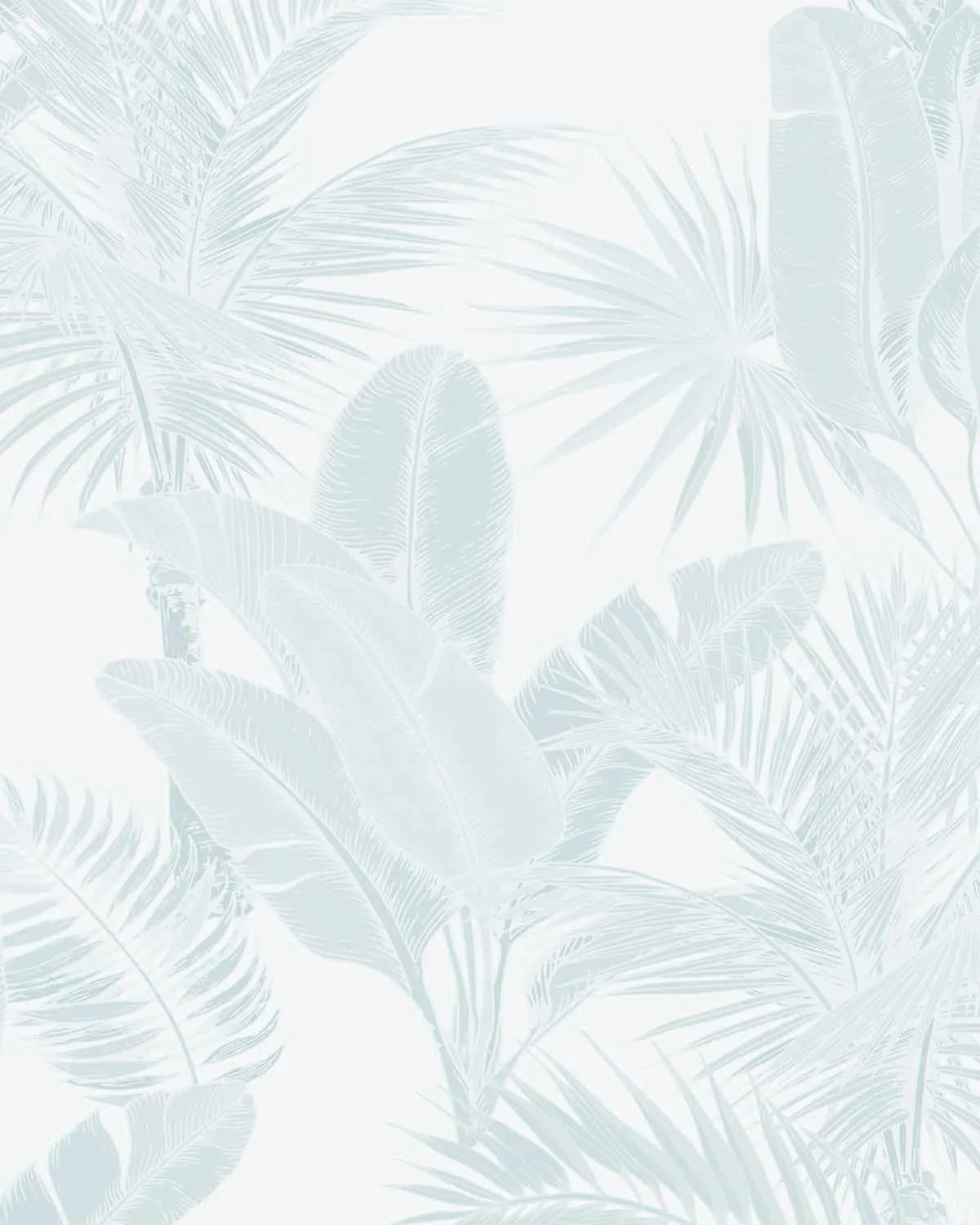 Peel and stick wallpaper featuring a repeating pattern of hand-drawn tropical leaves in a pale, muted azure blue against a soft white background. The botanical design includes various palm fronds and large banana leaves with visible line art texture.