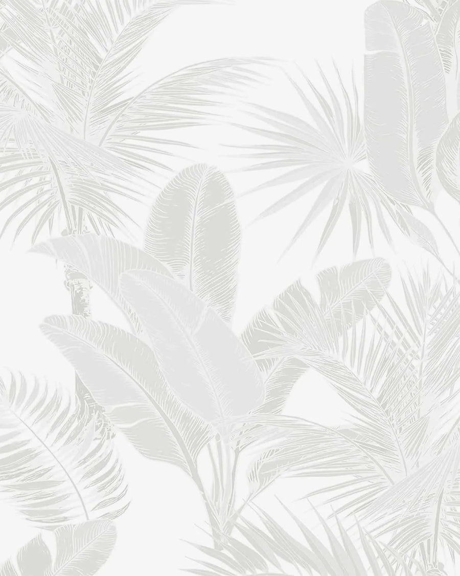 Peel and stick wallpaper featuring a repeating pattern of hand-drawn tropical leaves in a subtle light grey on a white background. The design includes various palm fronds and large banana leaves, creating a dense, layered botanical motif with fine line detailing.