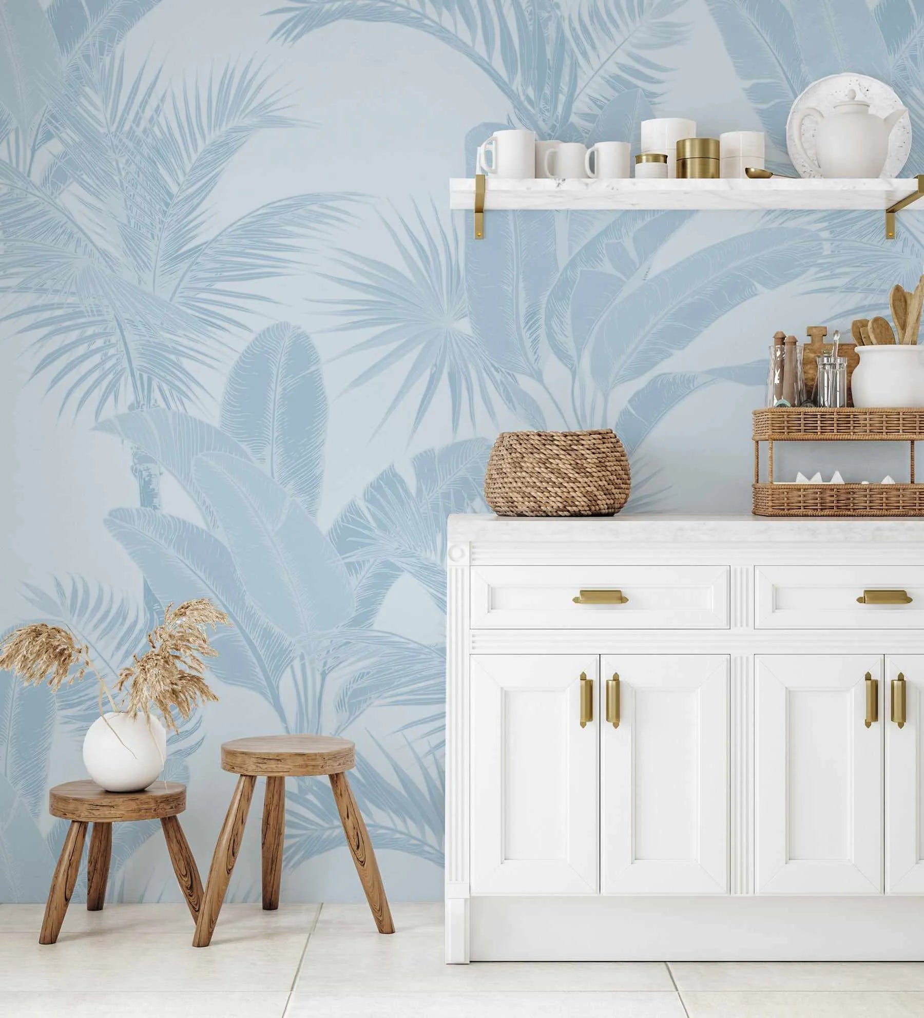 Luxe Tropical in Hamptons Blue Wallpaper from Olive et Oriel where you can shop wallpaper and artworks online