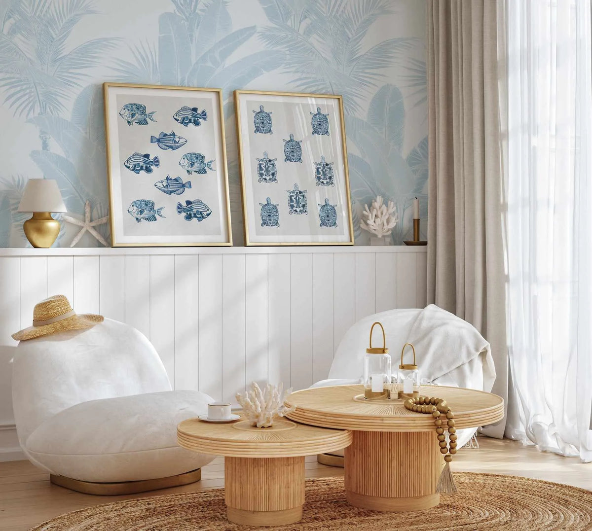 Luxe Tropical Palm Leaf Coastal Fabric Wallpaper in Blue Removable ...