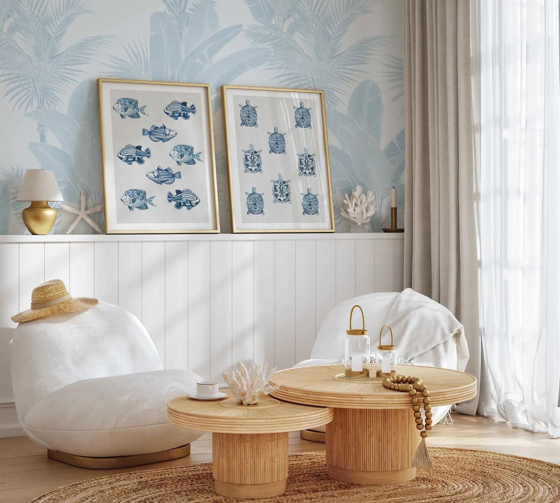 Luxe Tropical in Hamptons Blue Wallpaper from Olive et Oriel where you can shop wallpaper and artworks online