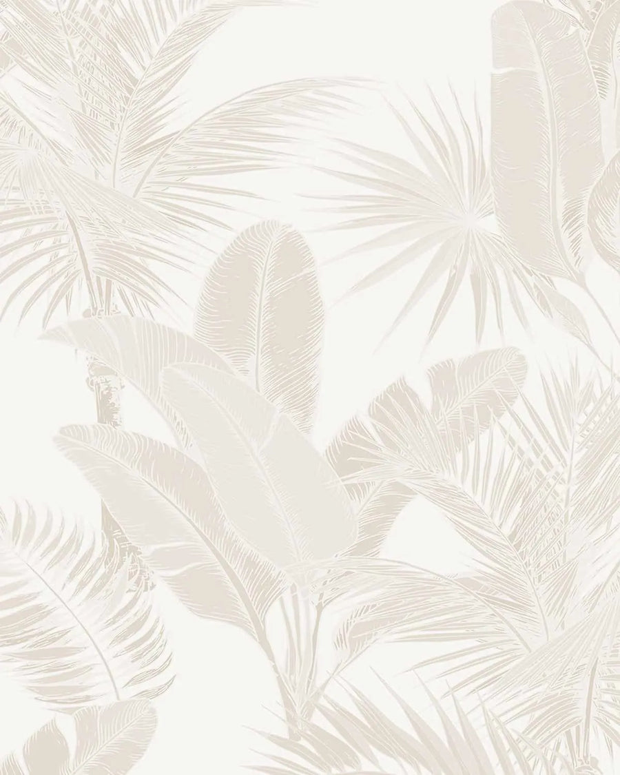 Peel and stick wallpaper featuring a repeating pattern of hand-drawn tropical leaves in a muted sand or beige colour on a soft white background. The botanical design includes large banana leaves and various palm fronds, creating a dense, layered jungle effect with fine line art detail.