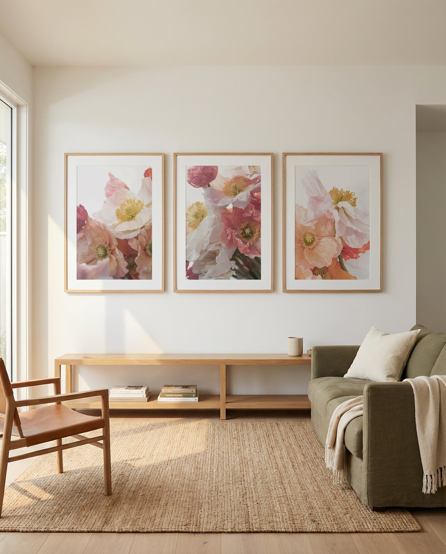 Luxe Poppy I, II & III | 3 Piece Wall Art Set in Pink art print oak frame with white border